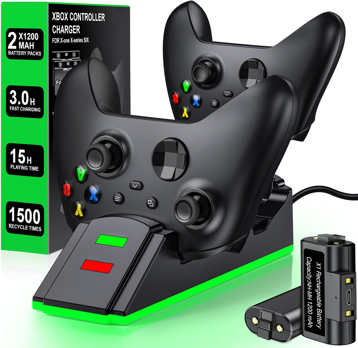 Xbox Controller Charging Station with 2 X 1200Mah(4320Mwh) Rechargeable Battery Pack for Xbox Series X|S/Xbox One/Xbox One S/X/Elite Controller,Black